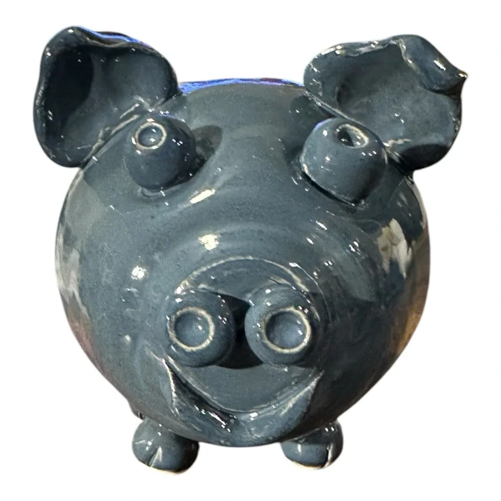 Handmade Studio Pottery Blue/Gray Ceramic Pig Piggy Bank Cork Stopper Folk Art